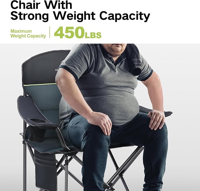 GREEN PARTY Folding Camping Chair Oversized Heavy Duty Lawn Chair with Cooler Bag Cup Holder Storage Pocket Collapsible Padded Outdoor Arm Chair Quad Lumbar