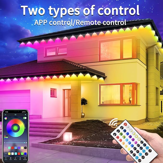 150ft Permanent Outdoor Light RGB Smart Outdoor eave Lights with APP &amp Remote Controltimed Music synchronisation IP67 Waterproof LED eave LightSuitable for PartyHalloweenChristmasRooftopGar
