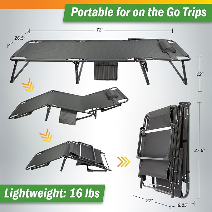 Folding Camping Cot with Mattress for Adults up to 440lbs - Heavy Duty Foldable Bed with Removable Cot Mattress and 3 Recline Positions for Travel Camp Beach or Guest Bed by Wakeman Outdoors (Gray)
