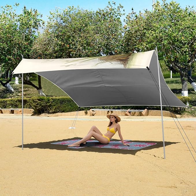 ALAZA Cute Bull Calf Yak Ladybug Beach Tent Sun Shelter UPF50+ Protection Beach Shade Canopy w/ 4 Sandbags for Outdoor Camping Fishing Backyard Fun Picnic 10x9 ft