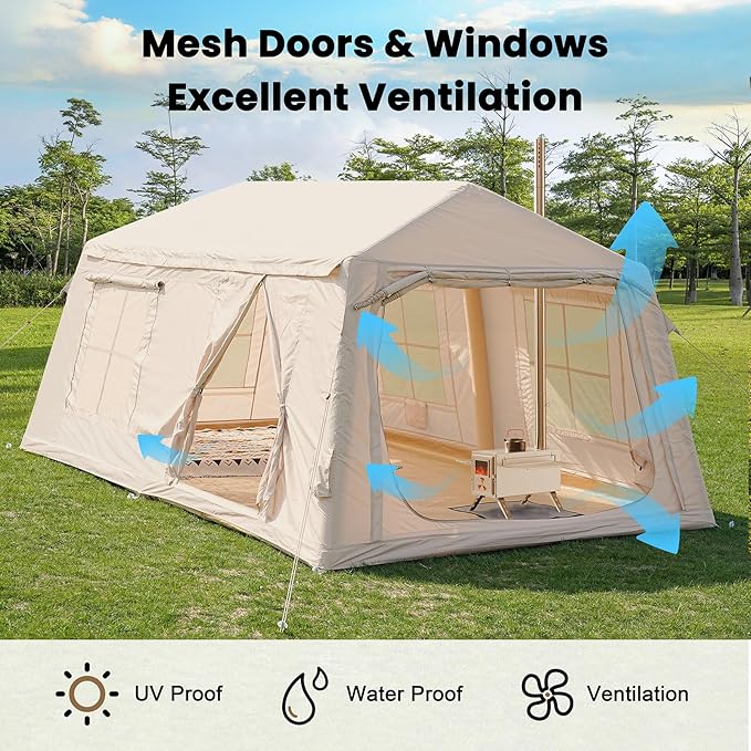 Inflatable Tents for Camping Large Blow Up Tent with Hand Pump Easy Setup InflatableTent 4 Season Tent Waterproof Oxford Air Glamping Tents for Camping Adult 4/6/8/10/12 Person