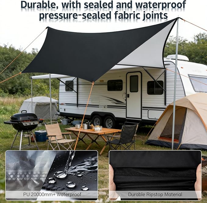 Camping Tent Tarp with Thickened Stainless Steel Bracket - PU 20000mm+ Waterproof Rain Shelter UPF2000+ Anti-UV Camping Canopy Portable Sun Shade for Camping Hiking Picnic
