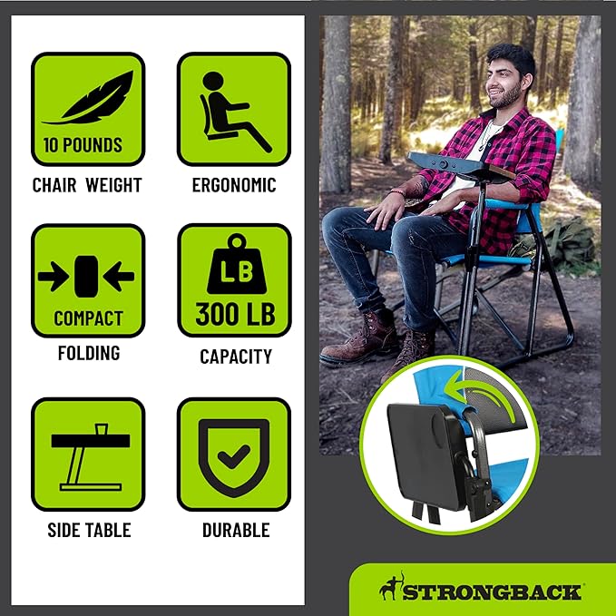 STRONGBACK Outdoor Chair Director Portable Camping Chair with Lumbar Support - Cupholder &ampPocket Included - Heavy-Duty Foldable Chair - Rocker/Black