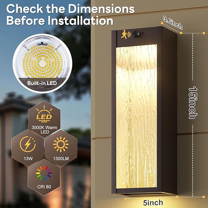 Motion Sensor LED Outdoor Wall Light Fixtures 2 Pack 15in Exterior Bronze Waterproof Outdoor Lighting Large Modern Water Ripple Porch Sconces Wall Mounted Outside Lantern for Garage Front Door