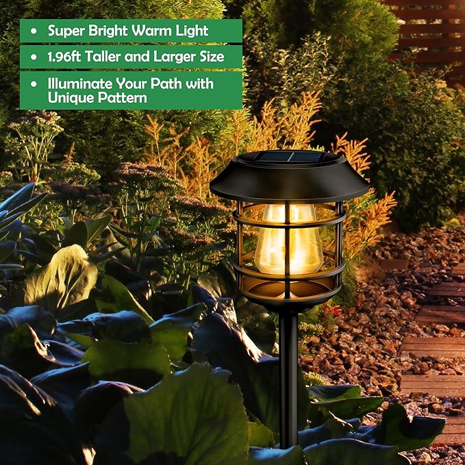 Solar Pathway Lights 8PK - Outdoor Garden Yard Landscape Lights Waterproof Auto-on/Off for Lawn Patio Walkway - Warm Light (Black)