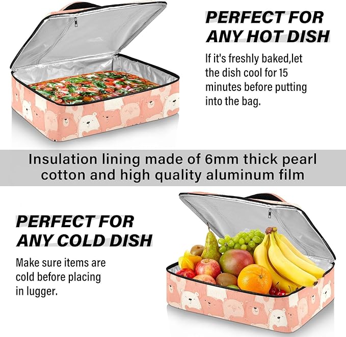 Casserole Carrier Pattern Cute Cartoon BearInsulated Casserole Carrier for Hot or Cold Food Thermal Lunch Tote for Potluck Parties Picnic Beach Fits 9 x 13 Inches Baking Dish