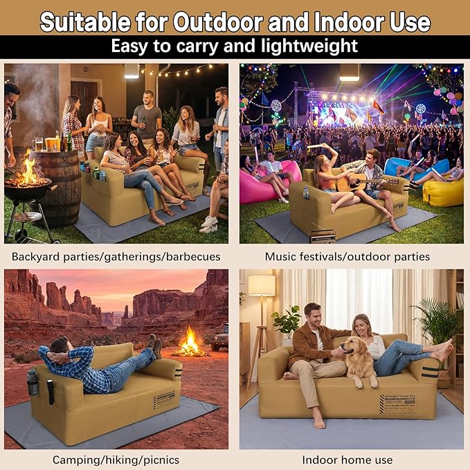 Portable Inflatable Couch with Built-in Pump1000D Oxford Blow Up Sofa with Floor Mat for CampingBeachParty &amp Indoor | Puncture-Resistant Outdoor Inflatable Loveseat-Machine WashableQuick Infla