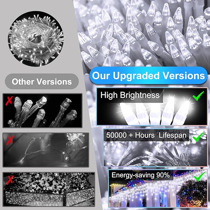 504LED 50ft Christmas Lights 112Drops 12 Modes Cool White Christmas String Lights Outdoor Dimmable Waterproof Christmas Decoration Fairy Lights with Timer for Indoor Eaves Party Patio Window Fence