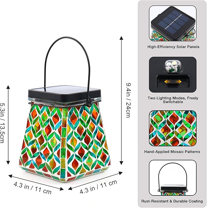 VOREEN Mosaic Solar Lantern Colorful Mosaic Glass Decorative Lantern for Outdoor Garden &amp Patio Tabletop or Hanging Solar Powered Light Multicolor Geometric Lattice Design