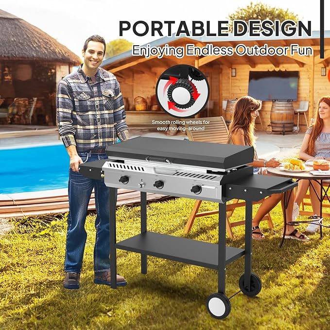 Bonnlo 2-in-1 Propane Stove and Griddle 3 Burner Outdoor Gas Cooker with Iginition Storage Shelf and Portable Wheels 225000BTU Output Camping Stove for Backyard Cooking BBQ Frying and Boiling