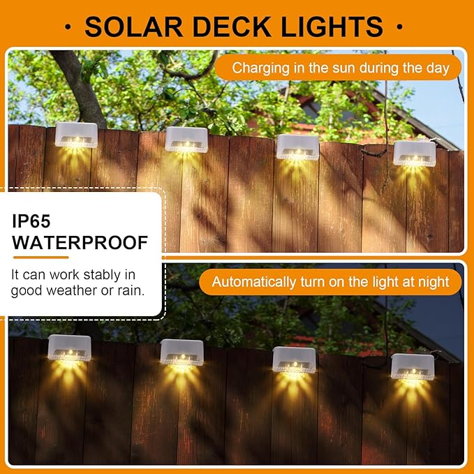 Geelin 32 Pcs Solar Deck Lights Outdoor Waterproof LED Solar Step Fence Lights for Stairs Step Railing Patio Driveway Garden Pathway and Yard(White Shell Warm White Light)