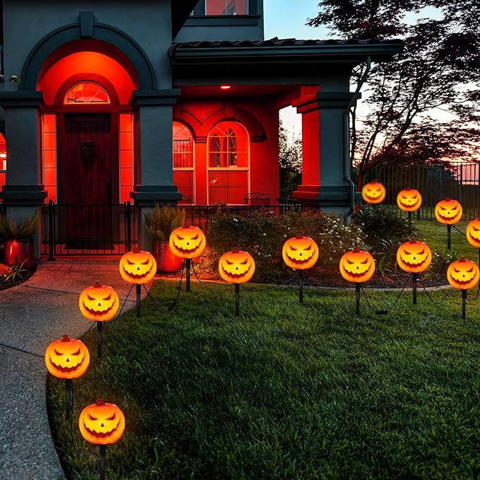 SUNSGNE Halloween Pathway Lights Set of 4 Halloween Pumpkin Stake Lights with 5 C7 LED Light Bulbs(1 Spare) Connectable Pumpkin Light for Path Walkway Driveway Garden Decorations