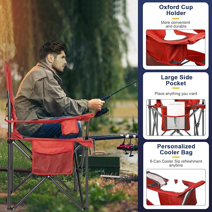 Romswi 2 Pack Oversized Camping Chairs for Adults 500LBS Heavy Duty Steel Folding Chair with Adjustable Elastic Armrests 38.5 Wide 600D Oxford Fabric 6-Can Cooler &amp Side Pockets for Outdoor Re