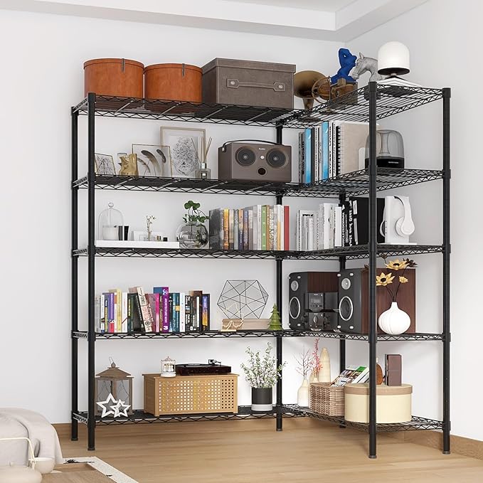 Home Storage Rack With Five Layers Of Double Row Shelves Adjustable Metal Shelf Units Black Powder Coating Flexible Interlayer Spacing Suitable For Retail And Exhibition Use (70 × 16 × 71) Inches