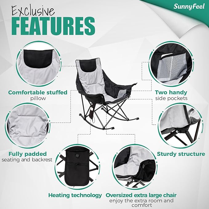 SUNNYFEEL Oversized Heated Rocking Camping Chair 2 Pack Fully Padded Patio Chair with Side Pocket High Back Portable Lawn Recliner with Carry Bag Outdoor Rocker Chair for Adults Heavy Duty 500 LBS