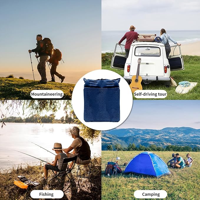 Double Camping Sleeping Pad with Pillow 2 Memory Foam Camping Mattress 2 Person 5R Insulated Self Inflating Camping Pad Air Mattress Inflatable Sleeping Mat for Tent Backpacking Hiking (Blue)