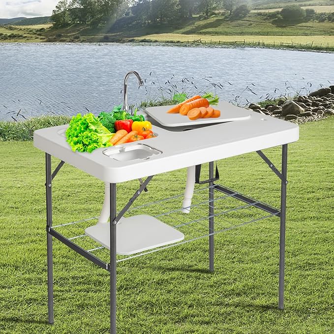Outvita Folding Portable Camping Sink Table with Sink Faucet Drainage Hose &amp Grid Rack White