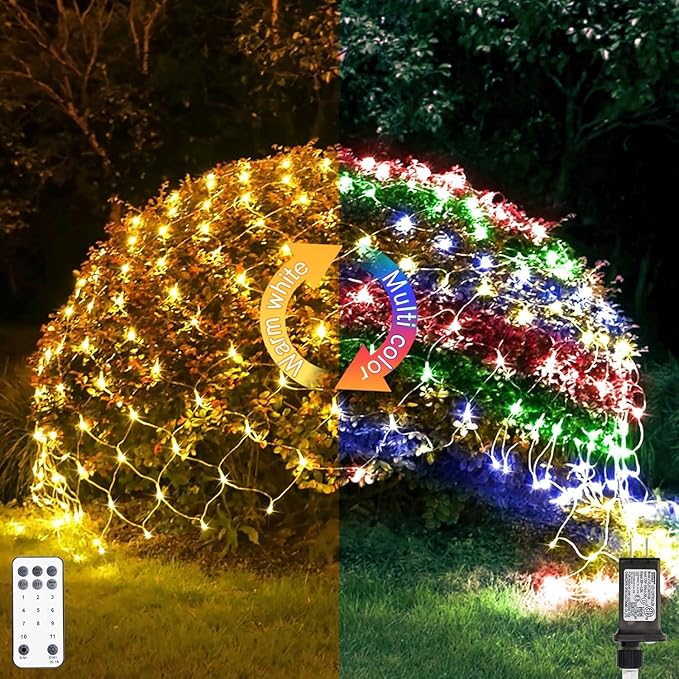 JMEXSUSS 360 LED Net Christmas Lights 12ft x 5ft Warm White &amp Multicolor 11 Modes Bush Lights Waterproof Connectable for Christmas Patio Garden Indoor Outdoor
