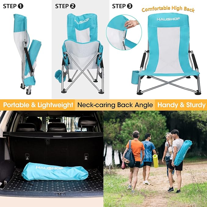 HAUSHOF High Back Beach Chair Mesh Back Folding Chair Lightweight Low Seat Camping Chairs with Cup Holder Carry Bag Padded Armrest for Outdoor Beach Lawn Camping Picnic Festival