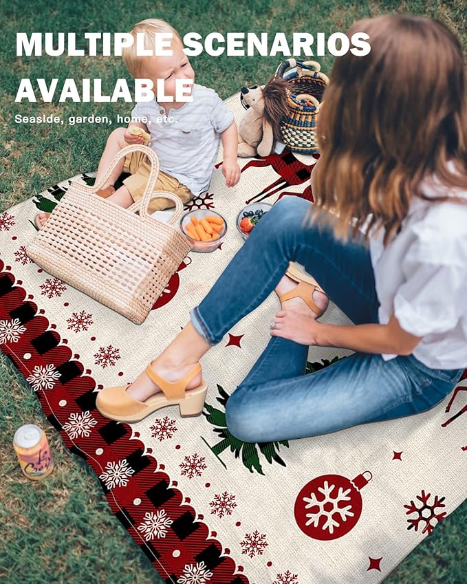 Beach Blanket Waterproof Sandproof Christmas Elk Snowflake Red Buffalo Plaid Quick Drying Beach Mat with 4 Stakes Xmas Tree Light Bulbs Retro Linen Lightweight Picnic Blanket for Travel 108x84