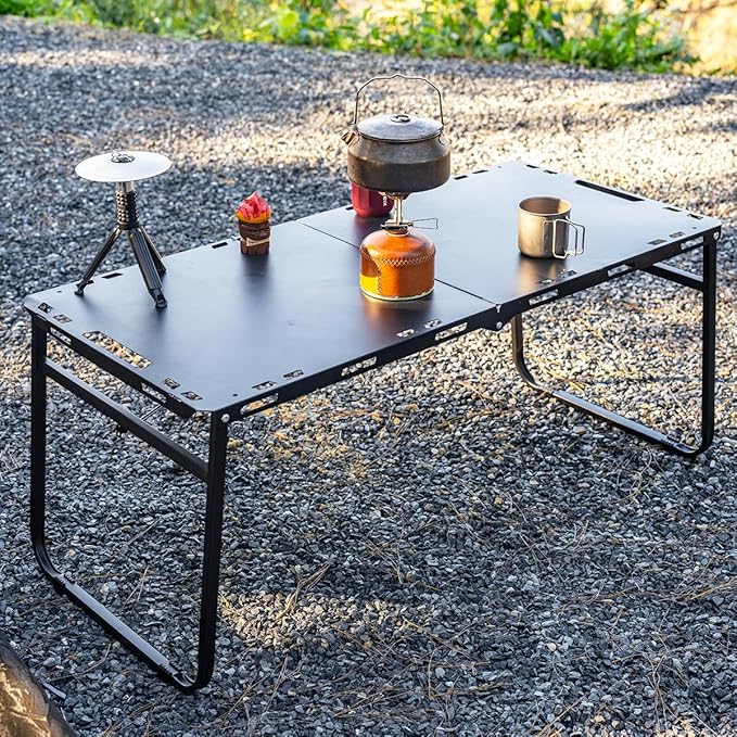 SoloWilder Foldable Camping Table with Gas Struts 3'5 Carbon Steel Large Outdoor Portable Table 11.8lb for Hiking BBQ Picnic
