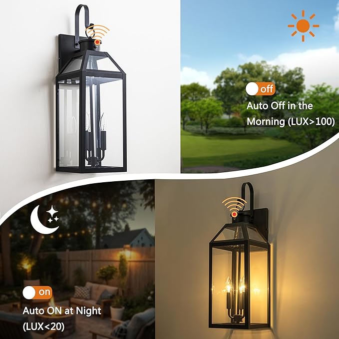 26 Dusk to Dawn Outdoor Wall Light with Sensor - Waterproof Exterior Wall Sconce for Porch Patio Garage Front Door Balcony Entry Modern Hardwired Lantern in Black Metal &amp Glass 3 Light - 2 P