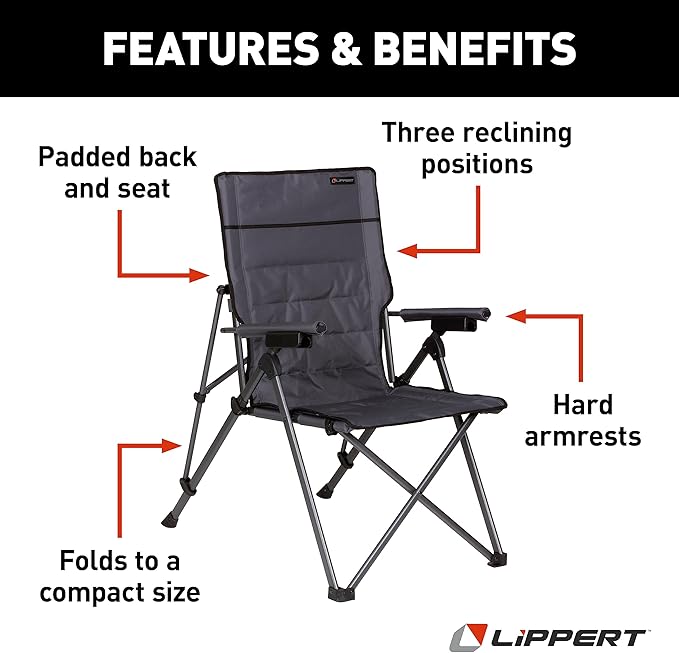 Lippert Sun Soaker Three-Position Reclining Camping Chair with 600D Polyester Fabric Padded Back/Seat Steel Frame Construction 250-lb. Weight Capacity Dark Grey Color - 2022120581