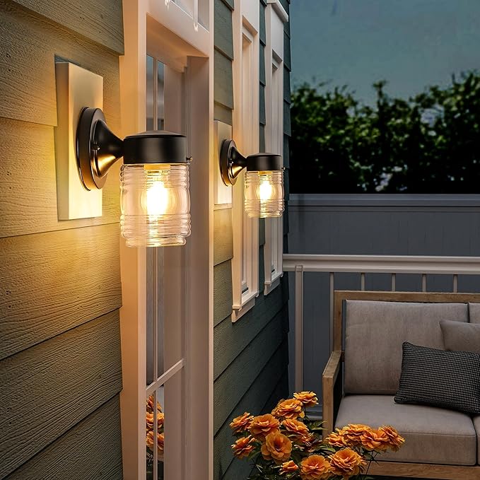 Jelly Jar Outdoor Wall Lantern Black Exterior Waterproof Wall Mount Lighting Fixture Anti-Rust Front Door Sconce with Clear Ribbed Glass E26 Socket Lights 2 Pack