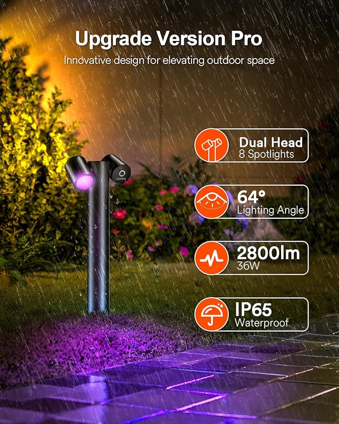 Lumary Smart Pathway Lights Pro 700LM RGBAICW Color Changing Landscape Lights with 8 Adjustable 355° Spot Lights IP65 Waterproof 48FT Wired Outdoor Landscape Lighting WiFi APP/Voice/Remote (4 Pack)