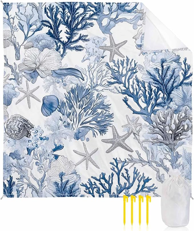 Water Blue Coral Beach Blanket Waterproof Sandproof Summer Marine Life Shell Starfish Beach Mat Quick Drying Outdoor Picnic Mat 118 x 108 for 1-8 Adults Essentials for Travel Camping Hiking