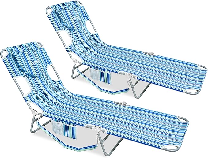 Beach Lounge Chair Outdoor Chaise Lounger with Face Hole 5-Position Reclining Beach Chair Face Down Tanning Chair with Carry StrapSide Pocket Portable Camping Cot for PatioPoolside