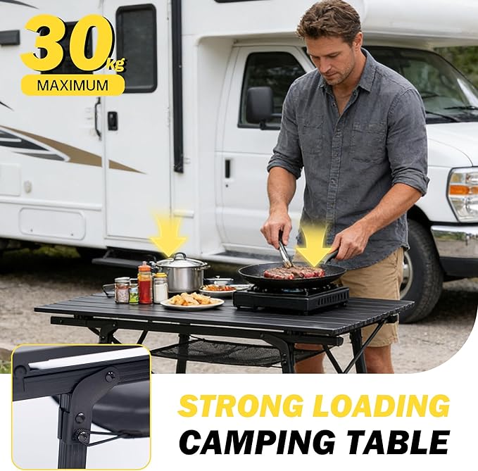 Portable Camping Table with Adjustable Hight Legs Lightweight Aluminum Folding Beach Table with Mesh NetCarrying Bag for Outdoor Cooking Picnic Beach Backyards BBQ and Party