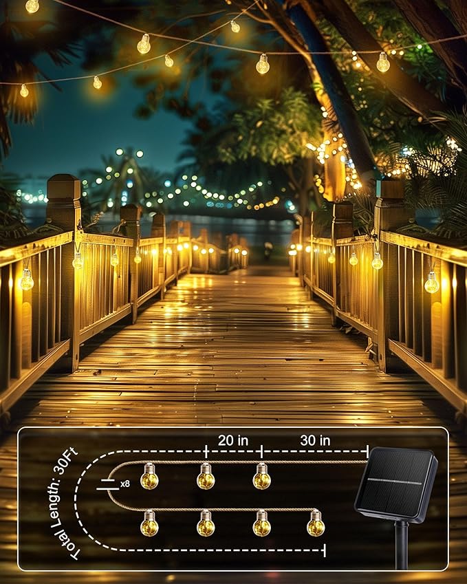 Brightown Solar String Lights Outdoor 30Ft Vintage Hemp Rope Solar Patio Lights with 15 Shatterproof Bulbs 8 Light Modes Waterproof Hanging Lights for Backyard Fence Café Bistro Decor Warm White