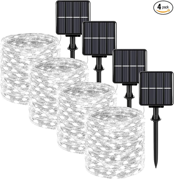 Extra-long 288FT 800 LED Solar Fairy String Lights 4-Pack 72FT 200 LED Outdoor Twinkle Lights Waterproof 8 Lighting Modes Cool White Silver Wire Lights for Deck Backyard Tree Garden Fence Pool Party