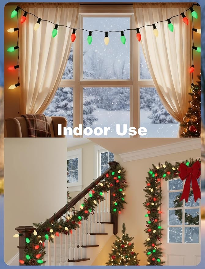 C7 LED Christmas Lights Outdoor - 25ft Red White and Green String Lights With 27 Ceramic Bulbs(2 Spare) Waterproof Commercial Grade Extendable for Indoor Outdoor Roofline Patio Yard Xmas Decor