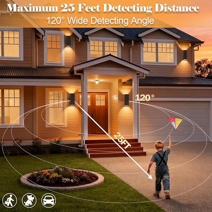 wowlite Motion Sensor Outdoor Wall Lights Dusk to Dawn Outdoor Lighting with E26 Bulbs Included 3 Lighting Modes Black Exterior Lighting Fixtures Aluminum Outside Lights for House Porch Yard 2 Pack