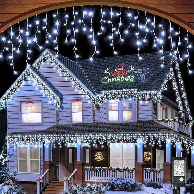 White Christmas Lights Outdoor Waterproof 132 ft 1280 LED Icicle Lights for Outside Plug in 8 Modes Timer Twinkle Lights for House Patio Xmas Porch Tree Yard Exterior Decorations