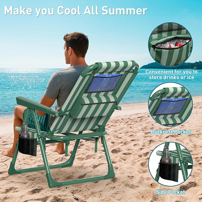 Suteck Backpack Beach Chairs for Adults 2 Pack 6-Position Folding Reclining Chair with Cooler Bag &amp Cup Holder Lightweight Portable Beach Chair for Camping Outdoor Sand Travel Use