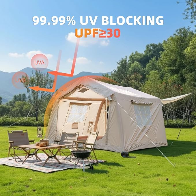 Inflatable Camping Tent with Manual Pump 4-Season Waterproof Windproof Luxury Glamping Tent Easy Setup Blow Up Tent with Mesh Windows Portable Outdoor House Tent for Family Camping