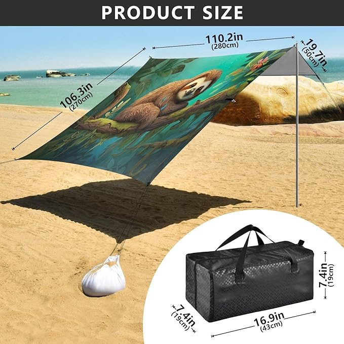 Cute Sloth Beach Tent Sun Shelter 9.2' x 10.5' Beach Canopy with 4 Sandbags 4 Stability Poles Sand Shovels - Tent Canopy for Beach Camping Fishing Picnics