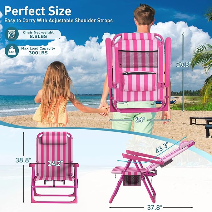 Suteck Backpack Beach Chairs for Adults 2 Pack 6-Position Folding Reclining Chair with Cooler Bag &amp Cup Holder Lightweight Portable Beach Chair for Camping Outdoor Sand Travel Use