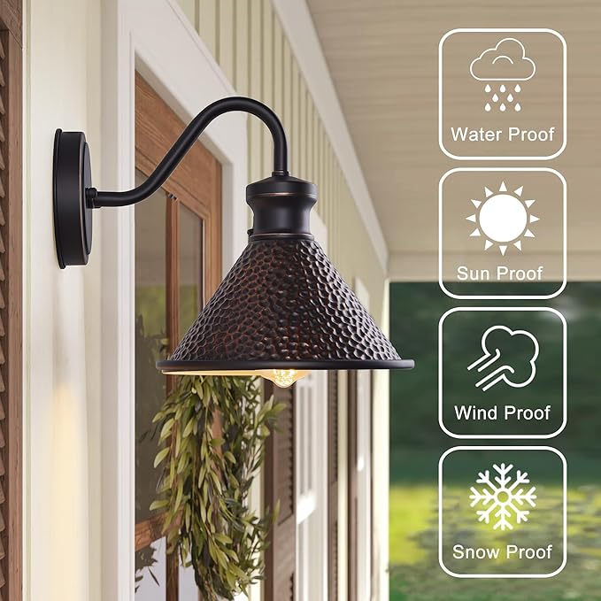 Gooseneck Outdoor Wall Sconce 1-Light E26 Socket Farmhouse Wall Mount Porch &amp Patio Lights9.3Inch Width Casting Aluminum ShadeOil Rubbed BronzeEasily Installed in Outdoor and Indoor.