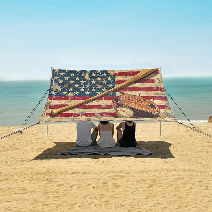 Vintage Baseball Pattern Beach Tent Sun Shelter 9.2' x 10.5' Beach Canopy with 4 Sandbags 4 Stability Poles Sand Shovels - Tent Canopy for Beach Camping Fishing Picnics