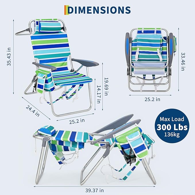 GarveeLife High Backpack Beach Chair for Adults 2 Pack Lightweight Portable Lay Flat Folding Beach Chair with 5 Positions Backpack Straps Phone Pocket Cup Holder Cooler Pouch &amp Towel Bar