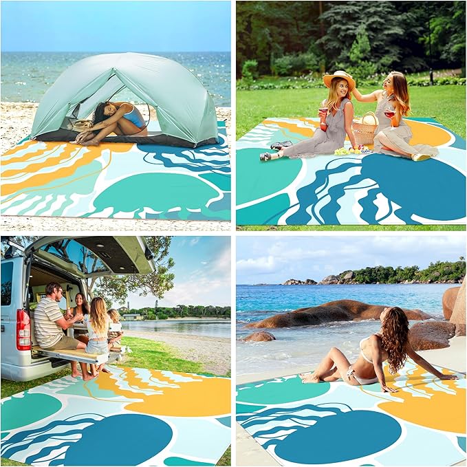Beach Blanket Waterproof Sandproof Oversized 110''×118'' Extra Large Beach Mat Sand Free Lightweight Compact Foldable Picnic Blanket w/ 4 Stakes &amp Pockets for Camping Travel Beach Accessories