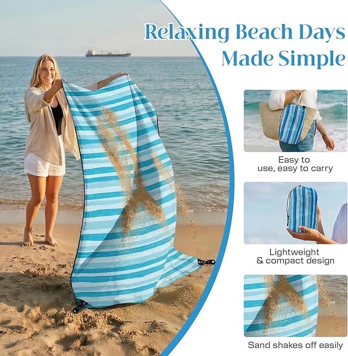 OIGAE 7x7ft Sandproof Beach Blanket - Large Waterproof Picnic Mat for 3-4 People Lightweight Sand Free Mat for Summer Vacation with 6 Stakes &amp 4 Corner Pockets for Beach Camping Festivals