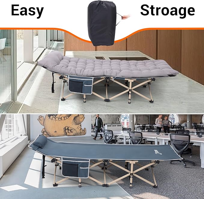 Nice C Camping Cots with Cushion Camping Cots with Mattress for Adults Folding Cot with Pillow Carry Bag &amp Storage Pocket Extra Wide Sturdy Holds Up to 500 Lbs (2 Mattress Grey)