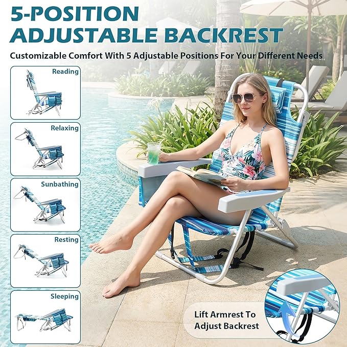 2 Pack Low Beach Chairs for Adults Reclining Adjustable 5 Position Lay Flat Lightweight Folding Portable Aluminum Chair with Backpack StrapsPadded headrest Heavy Duty 300 lbs Lawn Chair