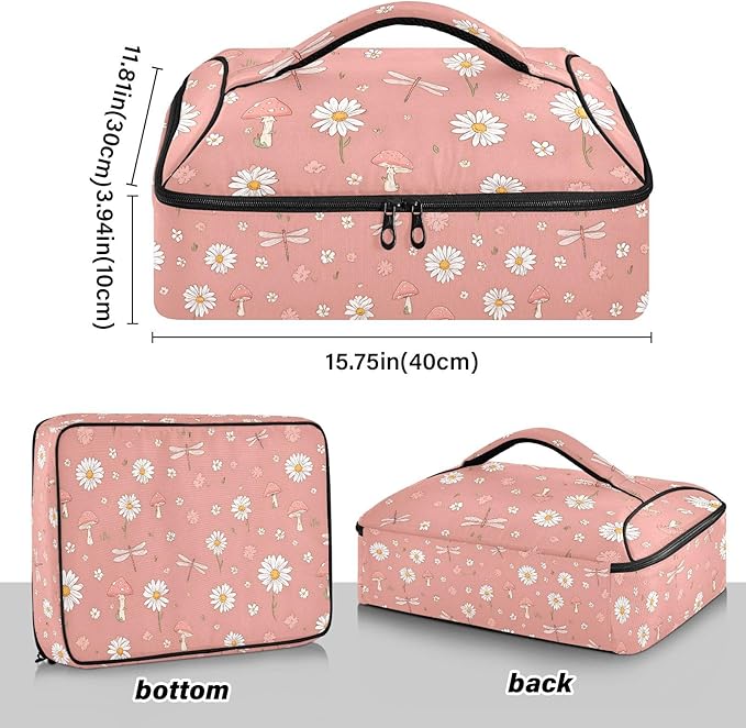 Casserole Carrier Daisies Mushrooms DragonfliesInsulated Casserole Carrier for Hot or Cold Food Thermal Lunch Tote for Potluck Parties Picnic Beach Fits 9 x 13 Inches Baking Dish