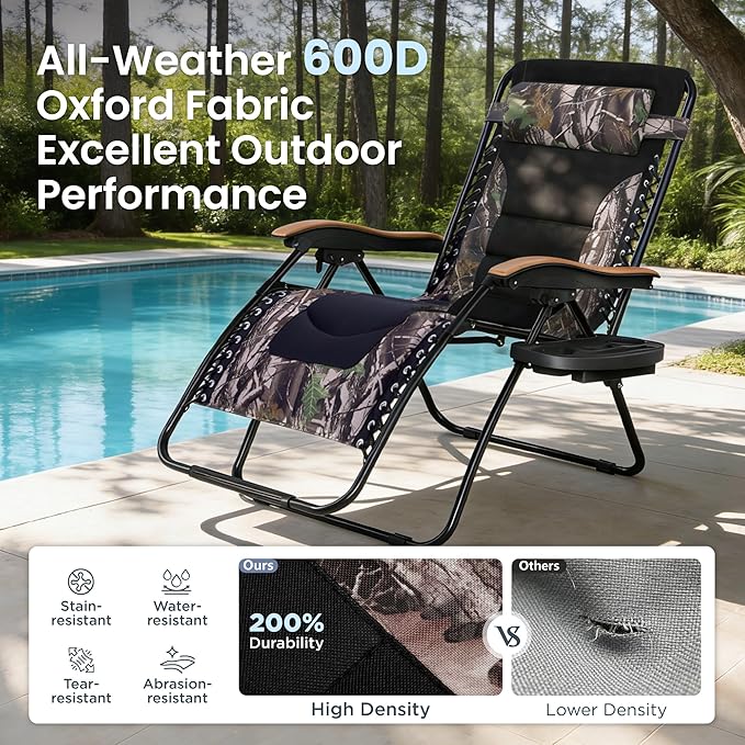 PHI VILLA XXL Oversized Padded Zero Gravity Chair Foldable Patio Recliner 30 Wide Seat Anti Gravity Lounger with Cup Holder Support 400 LBS (Camouflage)